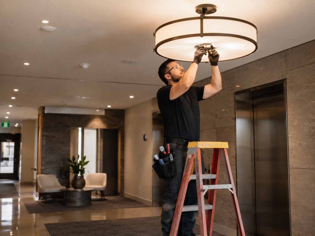 an electrician is doing lighting for public area in a condo in vancouver