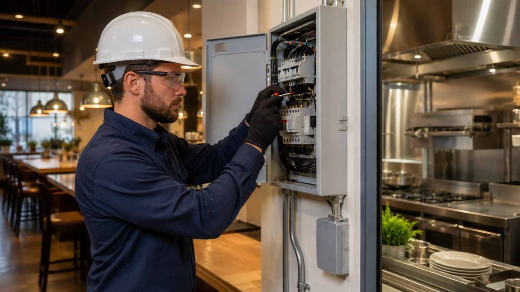 an electrician is repairing an electric panel in restaurant in west vancouver