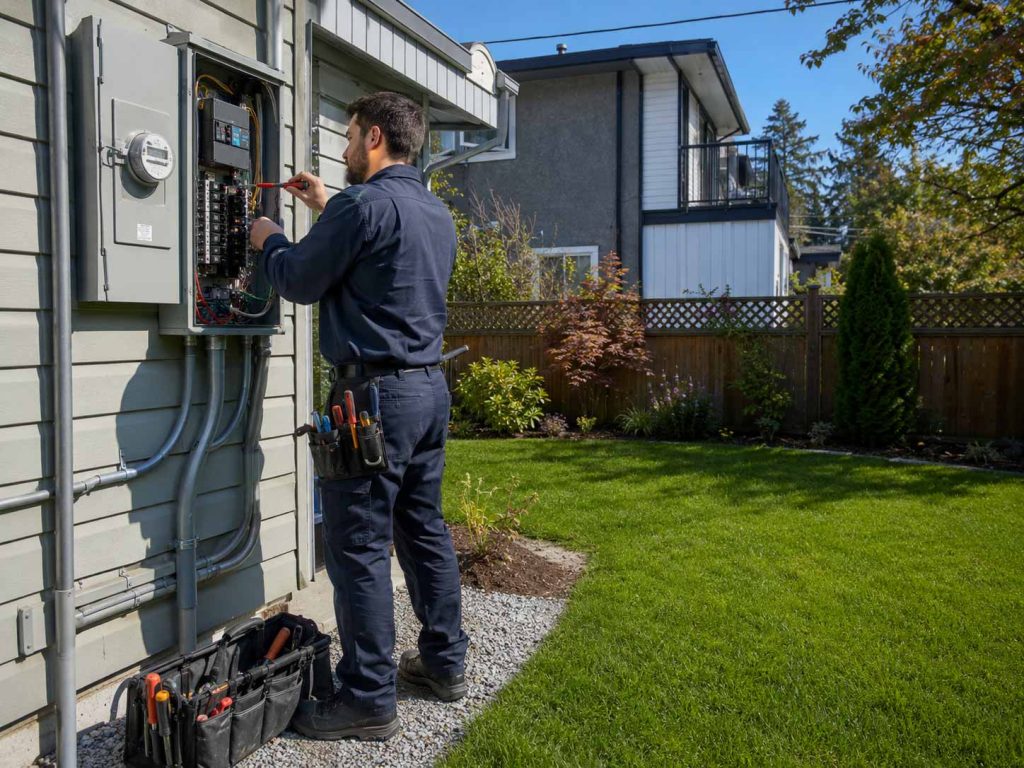 an electrician is repairing an electrical panel in burnaby