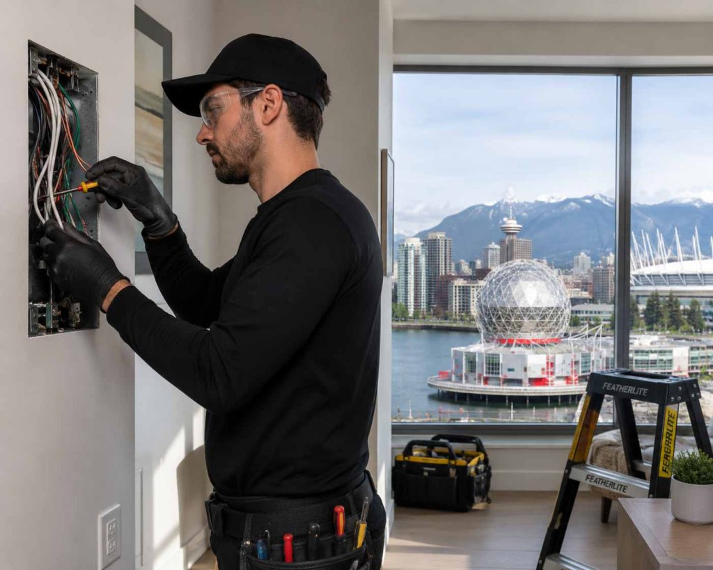 electrician is repairing an electrical panel in vancouver