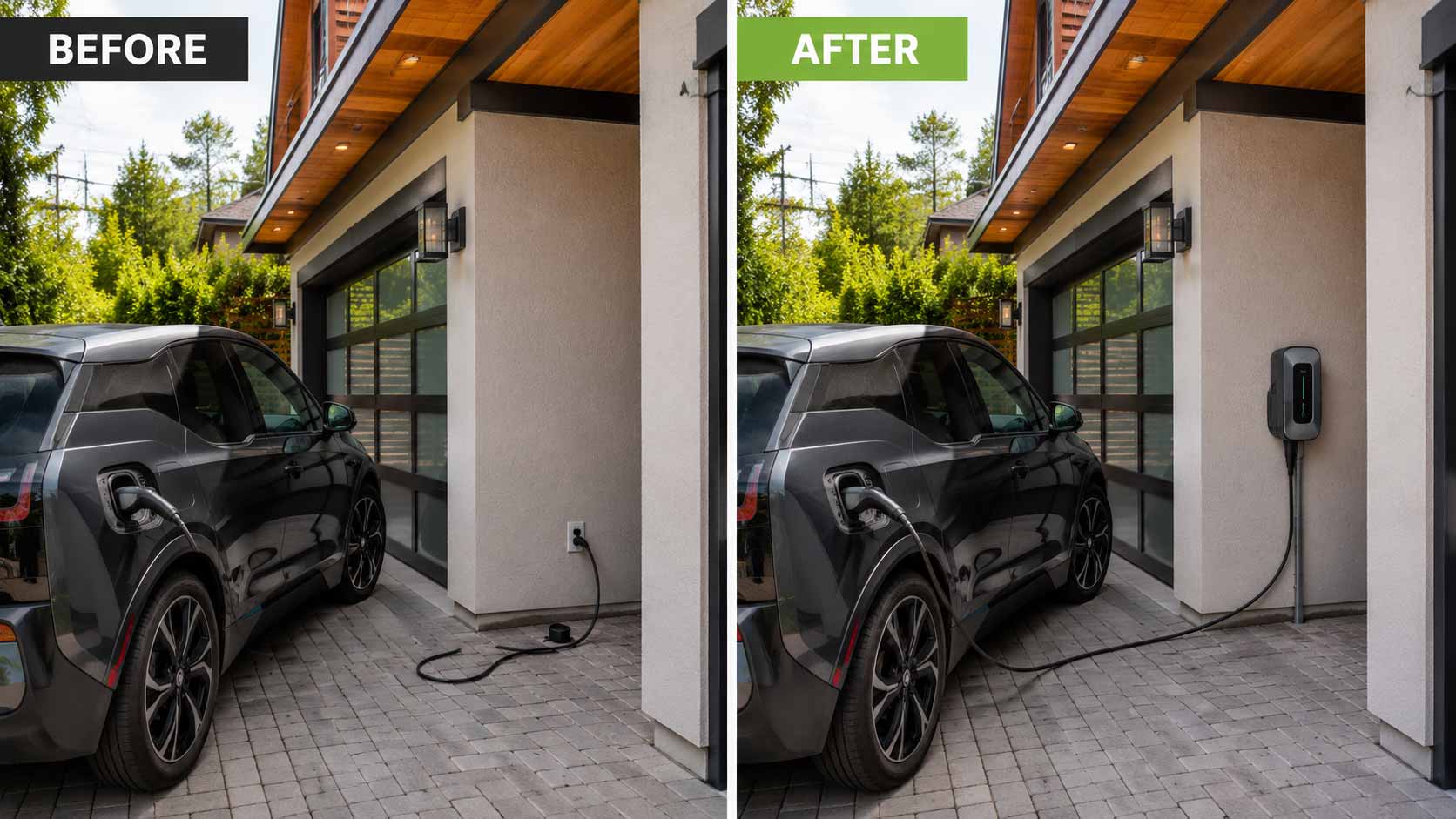 before and after image for a home ev charger installation in vancouver